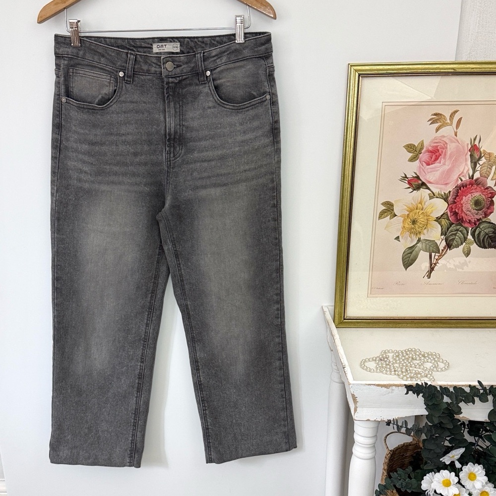 Oat New York Jeans Gray Straight Leg High Rise Stretch
Sz 10/30 HEMMED